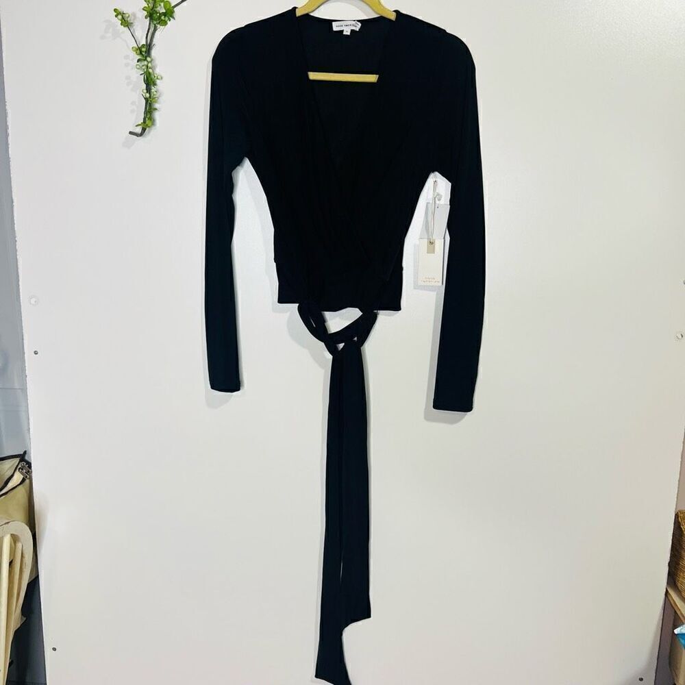Good American En Pointe Wrap Shirt Black Long-sleeve V-Neck Blouse NWT!